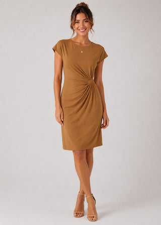 Classic Midi Dress for Women with Ruched Sides Short Sleeves and Rounded Neckline