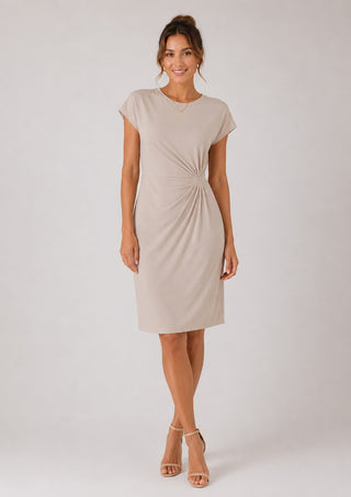 Classic Midi Dress for Women with Ruched Sides Short Sleeves and Rounded Neckline