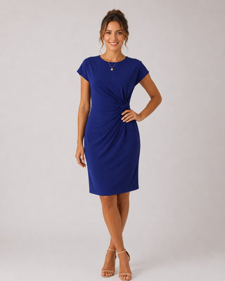 Classic Midi Dress for Women with Ruched Sides Short Sleeves and Rounded Neckline