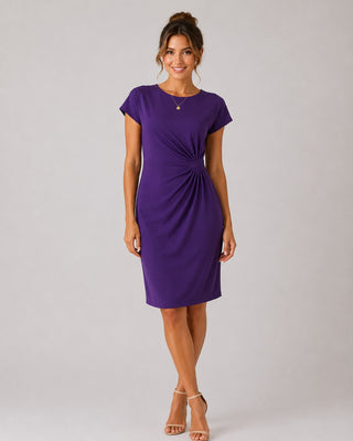 Classic Midi Dress for Women with Ruched Sides Short Sleeves and Rounded Neckline
