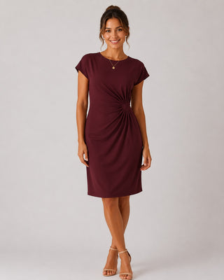 Classic Midi Dress for Women with Ruched Sides Short Sleeves and Rounded Neckline