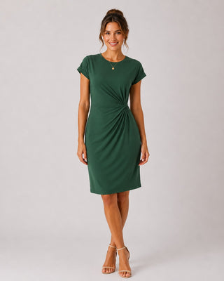 Classic Midi Dress for Women with Ruched Sides Short Sleeves and Rounded Neckline