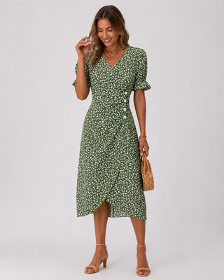 Floral Midi Dress for Women with Wrap Front Design Lightweight Fabric Asymmetrical Hem and Short Ruffled Sleeves