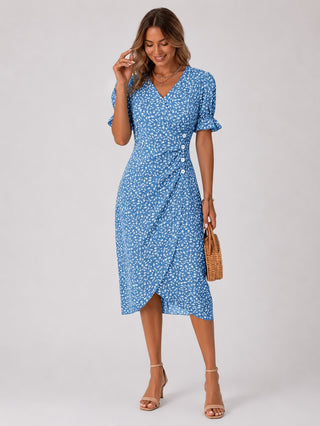 Floral Midi Dress for Women with Wrap Front Design Lightweight Fabric Asymmetrical Hem and Short Ruffled Sleeves