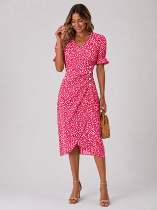 Floral Midi Dress for Women with Wrap Front Design Lightweight Fabric Asymmetrical Hem and Short Ruffled Sleeves