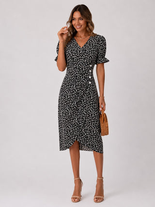 Floral Midi Dress for Women with Wrap Front Design Lightweight Fabric Asymmetrical Hem and Short Ruffled Sleeves