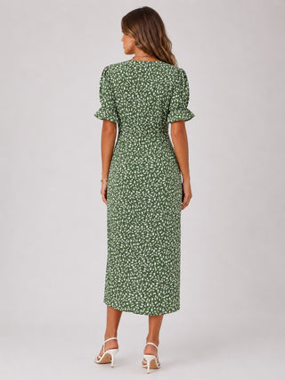 Floral Midi Dress for Women with Wrap Front Design Lightweight Fabric Asymmetrical Hem and Short Ruffled Sleeves
