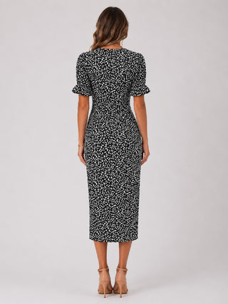 Floral Midi Dress for Women with Wrap Front Design Lightweight Fabric Asymmetrical Hem and Short Ruffled Sleeves