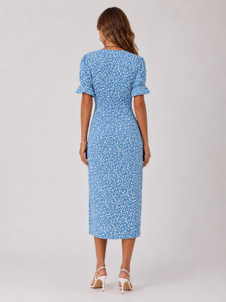 Floral Midi Dress for Women with Wrap Front Design Lightweight Fabric Asymmetrical Hem and Short Ruffled Sleeves