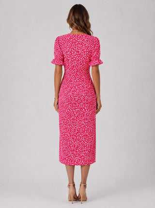 Floral Midi Dress for Women with Wrap Front Design Lightweight Fabric Asymmetrical Hem and Short Ruffled Sleeves