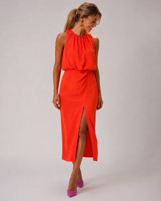Sleeveless Casual Midi Dress Lightweight Fabric Round Neck Front Split Comfortable Fit