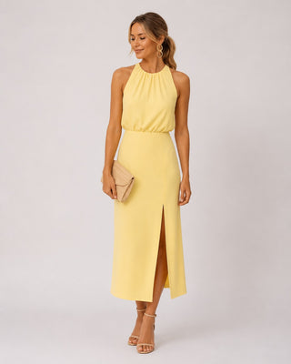 Sleeveless Casual Midi Dress Lightweight Fabric Round Neck Front Split Comfortable Fit