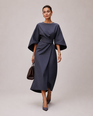Modern Midi Dress with Lantern Sleeves Wrap Waist Tie Belt for Women