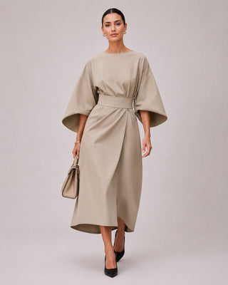 Modern Midi Dress with Lantern Sleeves Wrap Waist Tie Belt for Women