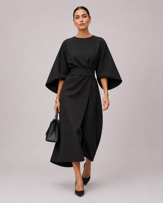 Modern Midi Dress with Lantern Sleeves Wrap Waist Tie Belt for Women