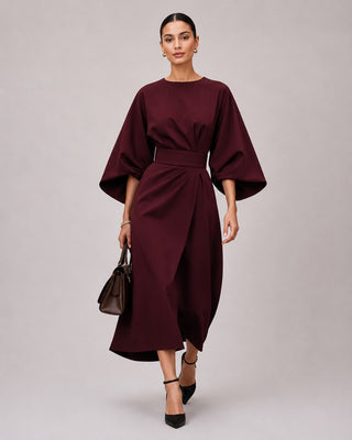 Modern Midi Dress with Lantern Sleeves Wrap Waist Tie Belt for Women