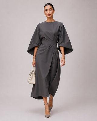 Modern Midi Dress with Lantern Sleeves Wrap Waist Tie Belt for Women