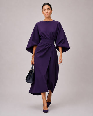 Modern Midi Dress with Lantern Sleeves Wrap Waist Tie Belt for Women