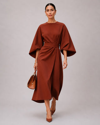 Modern Midi Dress with Lantern Sleeves Wrap Waist Tie Belt for Women