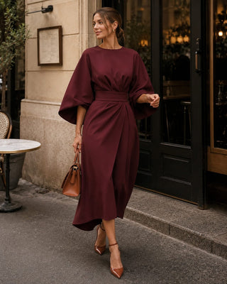 Modern Midi Dress with Lantern Sleeves Wrap Waist Tie Belt for Women