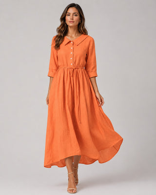 Classic Collared Midi Dress with Three-Quarter Sleeves for Women in Soft Breathable Fabric