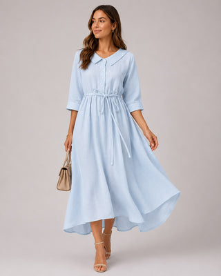 Classic Collared Midi Dress with Three-Quarter Sleeves for Women in Soft Breathable Fabric