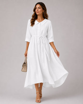 Classic Collared Midi Dress with Three-Quarter Sleeves for Women in Soft Breathable Fabric