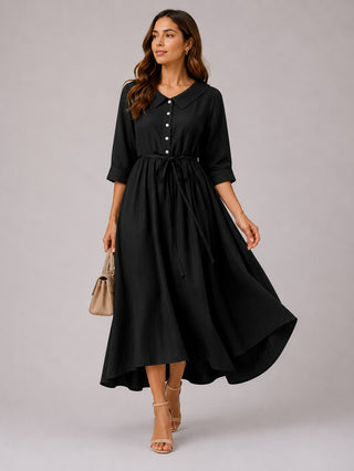 Classic Collared Midi Dress with Three-Quarter Sleeves for Women in Soft Breathable Fabric