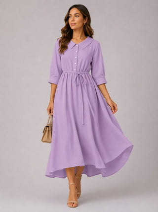 Classic Collared Midi Dress with Three-Quarter Sleeves for Women in Soft Breathable Fabric
