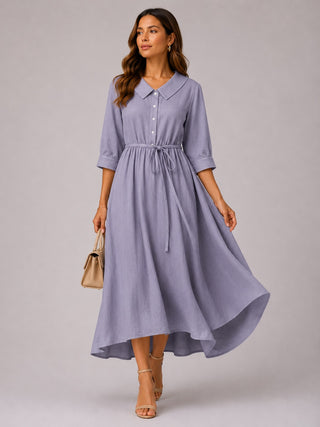 Classic Collared Midi Dress with Three-Quarter Sleeves for Women in Soft Breathable Fabric