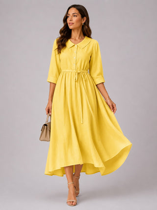 Classic Collared Midi Dress with Three-Quarter Sleeves for Women in Soft Breathable Fabric