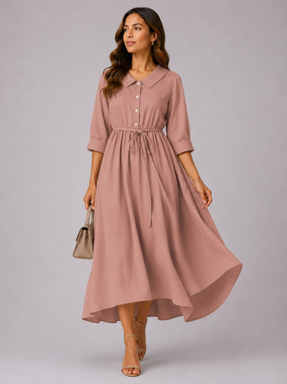 Classic Collared Midi Dress with Three-Quarter Sleeves for Women in Soft Breathable Fabric