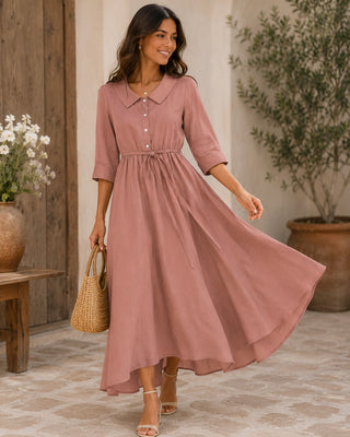 Classic Collared Midi Dress with Three-Quarter Sleeves for Women in Soft Breathable Fabric