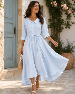 Classic Collared Midi Dress with Three-Quarter Sleeves for Women in Soft Breathable Fabric
