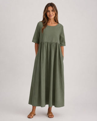 Casual Midi Dress with Gathered Waist and Three-Quarter Sleeves in Lightweight Linen for Women