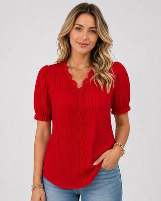 Casual V-Neck Women's Blouse with Short Sleeves in Lightweight Fabric for Summer Wear