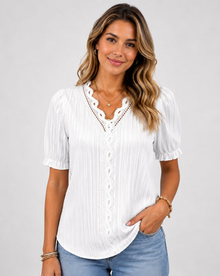 Casual V-Neck Women's Blouse with Short Sleeves in Lightweight Fabric for Summer Wear