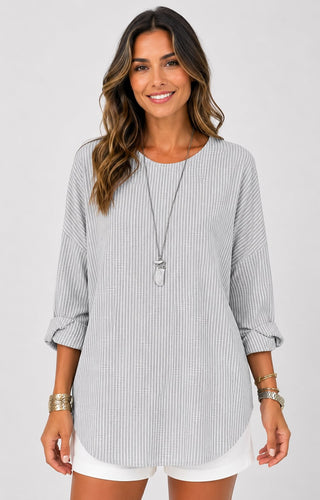 Casual Vertical Stripe Women's Blouse with Round Neck Three-Quarter Sleeves in Soft Fabric