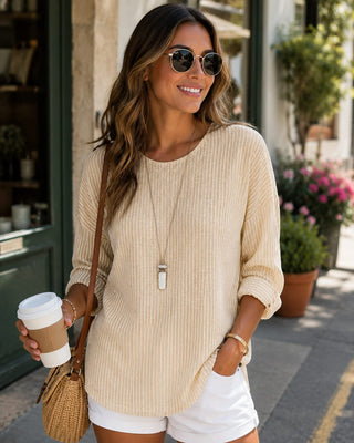 Casual Vertical Stripe Women's Blouse with Round Neck Three-Quarter Sleeves in Soft Fabric