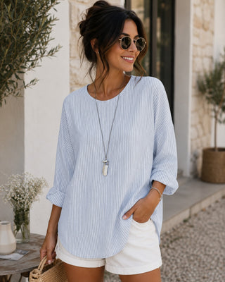 Casual Vertical Stripe Women's Blouse with Round Neck Three-Quarter Sleeves in Soft Fabric