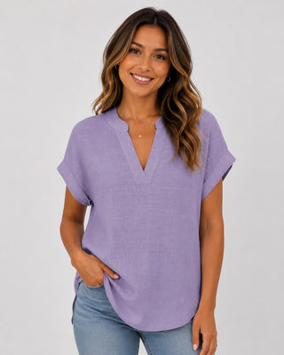 V-Neck White Blouse for Women Short Sleeve Relaxed Fit Lightweight Summer Top