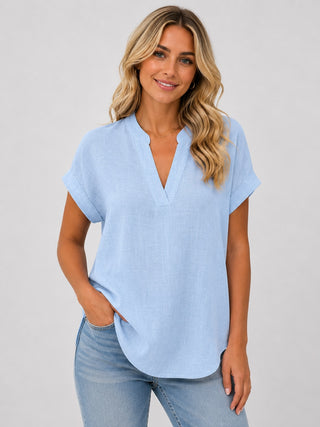 V-Neck White Blouse for Women Short Sleeve Relaxed Fit Lightweight Summer Top