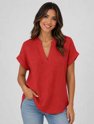 V-Neck White Blouse for Women Short Sleeve Relaxed Fit Lightweight Summer Top