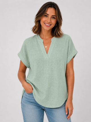 V-Neck White Blouse for Women Short Sleeve Relaxed Fit Lightweight Summer Top