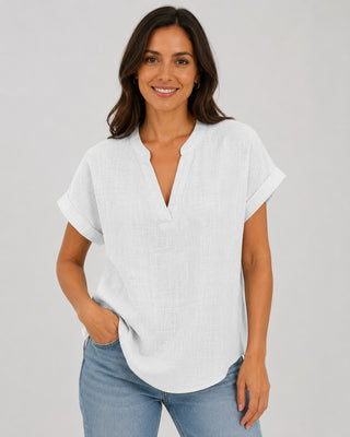 V-Neck White Blouse for Women Short Sleeve Relaxed Fit Lightweight Summer Top