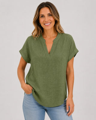 V-Neck White Blouse for Women Short Sleeve Relaxed Fit Lightweight Summer Top
