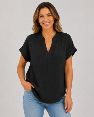 V-Neck White Blouse for Women Short Sleeve Relaxed Fit Lightweight Summer Top