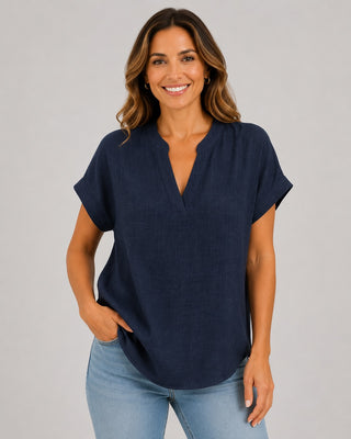V-Neck White Blouse for Women Short Sleeve Relaxed Fit Lightweight Summer Top