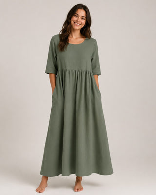 Casual Midi Dress for Women with Gathered Waist and Three-Quarter Sleeves in Lightweight Linen