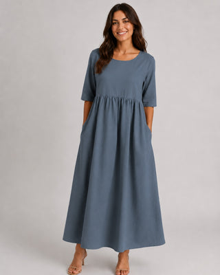 Casual Midi Dress for Women with Gathered Waist and Three-Quarter Sleeves in Lightweight Linen